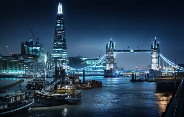 Picture City, Bridge, London, Thames, River, Tower, Nigth, Shard