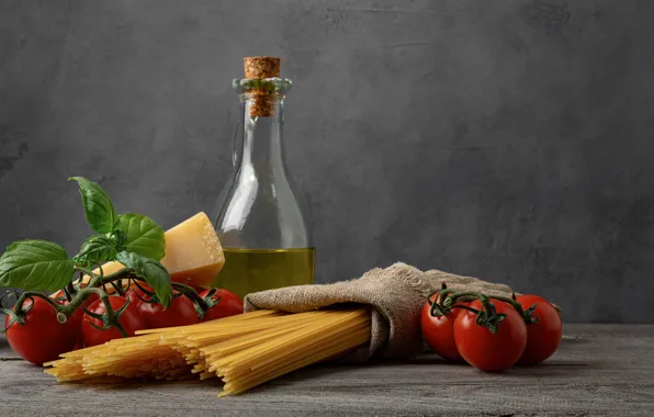 Bottle, cheese, tomatoes, spaghetti, pasta, Basil, vegetable oil
