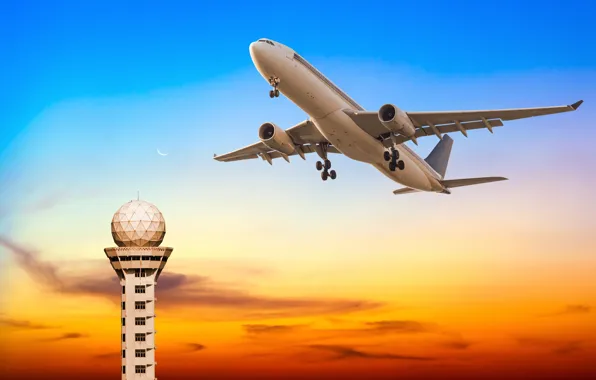 Picture the sky, tower, glow, flight, the plane, the rise, passenger
