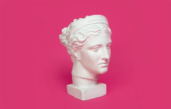 Picture head, sculpture, pink background, gypsum, cast, plaster head, head of Diana