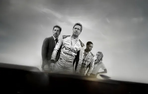 Sport, race, black and white, Formula 1, Brad Pitt, Brad Pitt, poster, characters