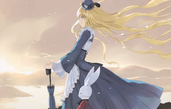 River, the wind, hills, umbrella, hat, Alice in Wonderland, ears, long hair