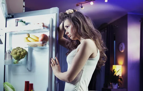 Girl, reverie, night, Apple, refrigerator, kitchen, bananas, brown hair