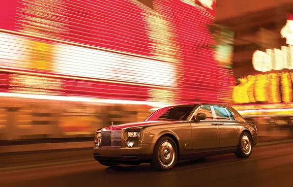 Night, lights, speed, Phantom, Rolls Royce, night city, 2009, rolls Royce