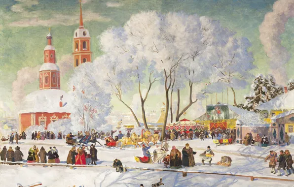 Picture winter, trees, oil, Church, temple, canvas, people, Boris KUSTODIEV