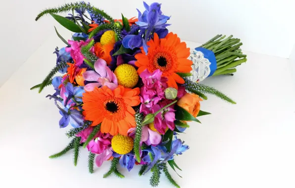 Bouquet, gerbera, irises, Irises, Bouquets, Gerberas
