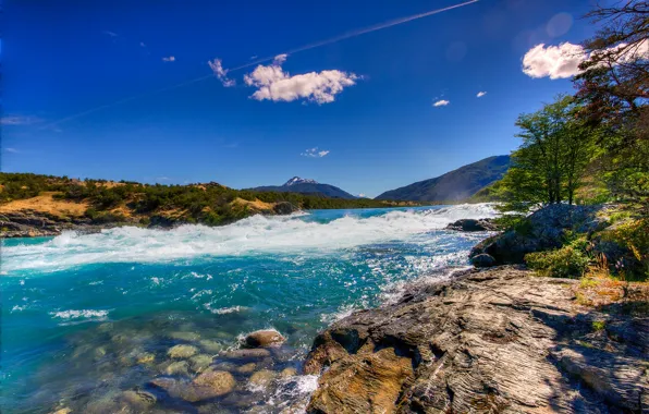 The sky, the sun, clouds, mountains, stones, Bay, the bushes, Chile