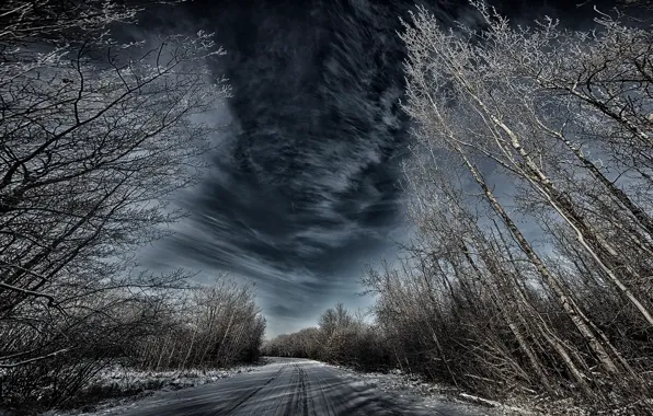 Winter, road, forest, the sky