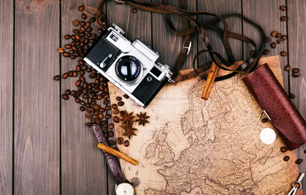 Map, The camera, cinnamon, coffee beans