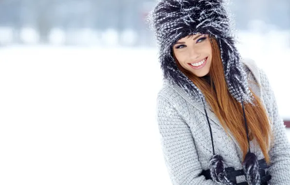 Picture winter, snow, smile, background, hat, portrait, makeup, hairstyle