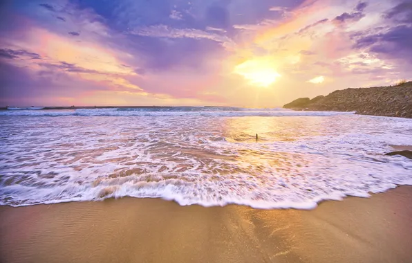 Sand, sea, wave, beach, the sun, clouds, rocks, dawn