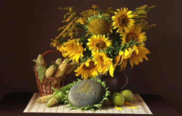 Picture sunflowers, apples, corn, still life, seeds
