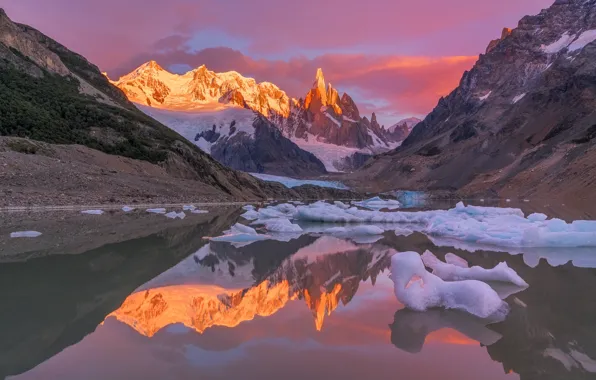 The sky, clouds, snow, mountains, nature, lake, reflection, rocks