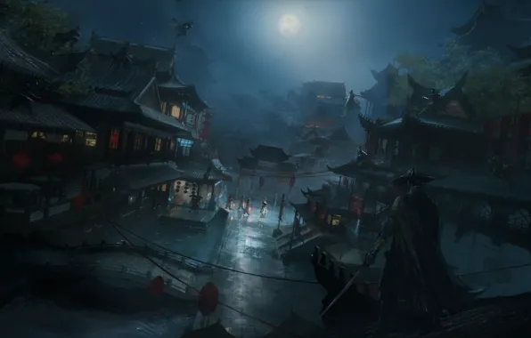 Night, Figure, The city, The moon, Asia, City, Attack, Moon