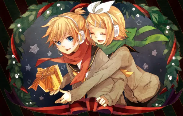 Children, gift, new year, two, Vocaloid, Vocaloid, Kagamine Len, Kagamine Rin