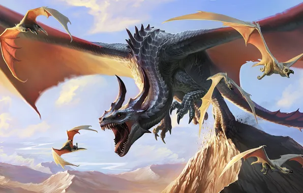 Dragon, Brian Valeza, Wyverns, a fictional creature, Afternoon Snack, Dragon hunting Wyverns