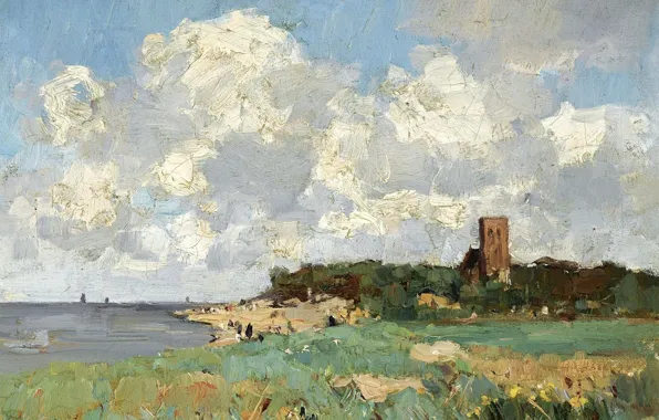 Picture clouds, landscape, tower, picture, Cornelis Vreedenburgh, A Sunny View of a Farm in a Polder …