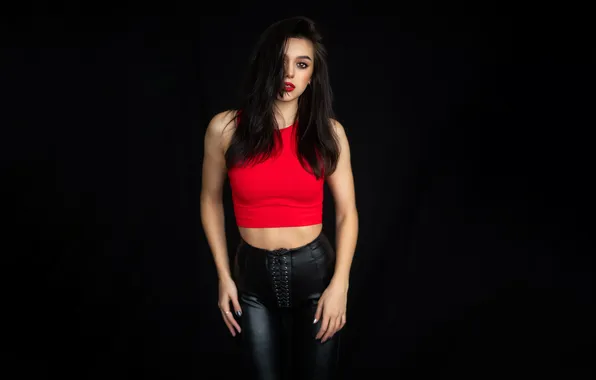 Girl, studio, model, brunette, black background, makeup, red lipstick, simple background