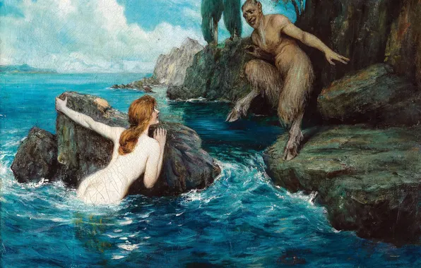 Water, Mermaid, Stones, Picture, Two, Naked, Ferdinand Leeke, German artist