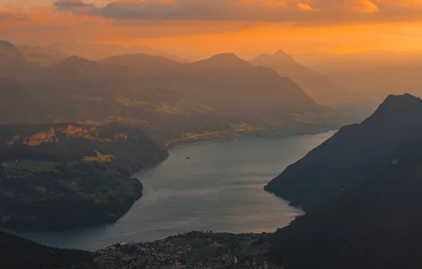 Sunset, mountains, river, panorama, Switzerland, Grosser Mythen, Marcel Bisig