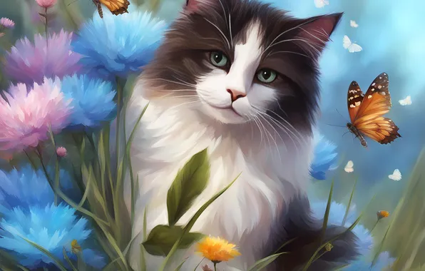Cat, summer, cat, look, butterfly, flowers, pose, grey