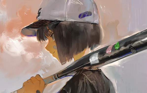 Black hair, the patch, baseball bat, cool, evil eye, abrasion, black t-shirt, by Suechele