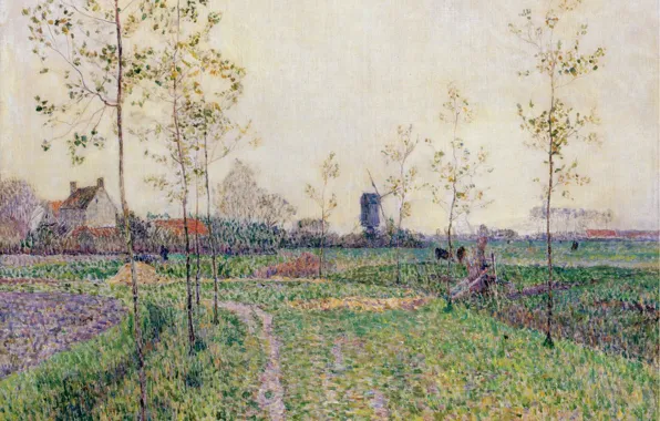 House, picture, windmill, 1894, Paul Baum, Paul Baum, Autumn Landscape near Knokke