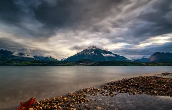 Clouds, mountains, lake, stones, shore, Switzerland, Lake Thun, Sneezing