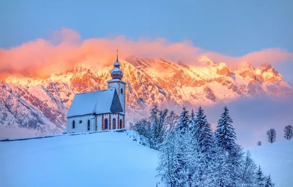 Picture winter, forest, snow, mountains, hill, Church, chapel