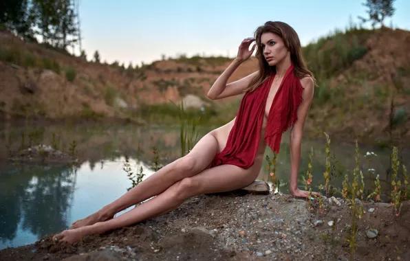 Water, girl, nature, pose, barefoot, brown hair, shawl, Nude