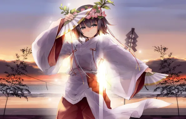 Girl, trees, smile, river, mood, dawn, yukata, art