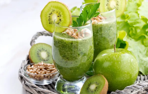 Picture wheat, green, glass, Apple, kiwi, parsley, smoothies