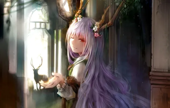 Picture girl, anime, deer, art, horns
