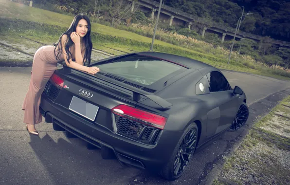 Auto, look, Girls, Asian, Audi R8, beautiful girl, Jasmine, posing on the car