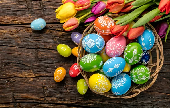 Eggs, colorful, Easter, tulips, happy, wood, flowers, tulips