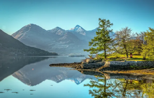 Trees, mountains, lake, reflection, Scotland, Scotland, Kintail, Lake Loch Duich
