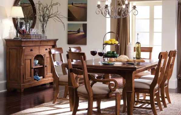 Table, furniture, chairs, interior, chandelier, dining room