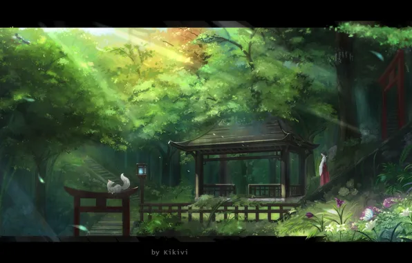 Japan, ladder, lantern, priestess, gazebo, the rays of the sun, fairy forest, white Fox