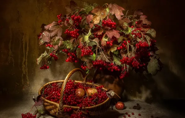 Leaves, branches, berries, apples, bouquet, pitcher, still life, basket