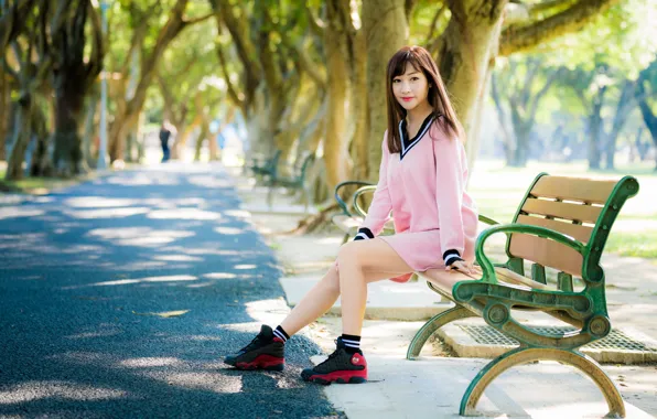 Picture girl, Park, track, Asian, cutie, bench