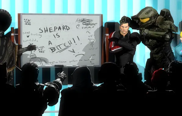 Shepard, Raiden, samus aran, Jack the Ripper, garrus vakarian, characters, master chief, Mr. Lightning Bolt