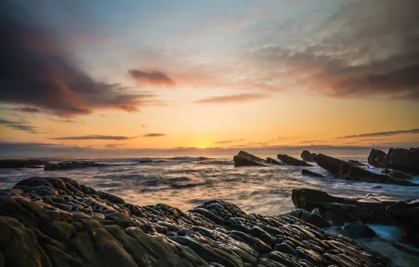 Sea, wave, the sky, clouds, sunset, nature, stones, rocks