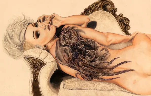 Girl, sofa, pattern, figure, monster, tattoo, art, back