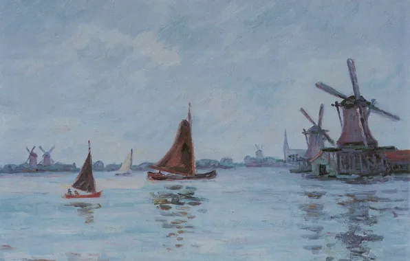 Picture landscape, boat, picture, sail, Arman Hyomin, Yachts and windmills in Holland