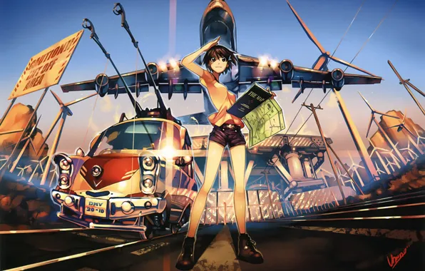 The sky, girl, the city, the plane, sign, map, anime, art