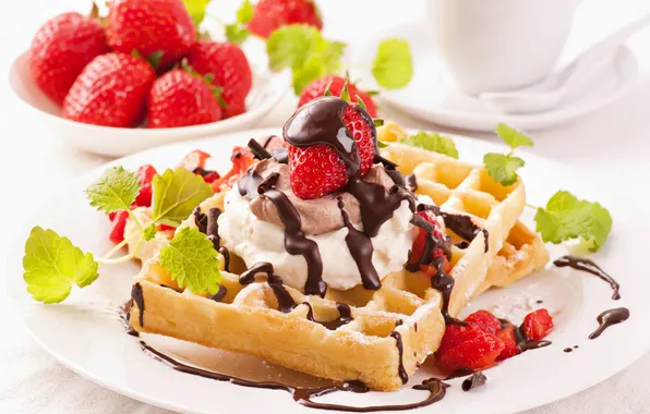 Picture chocolate, strawberry, mint, cream, dessert, waffles