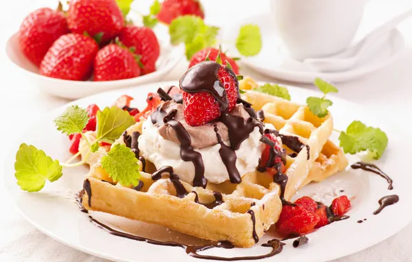 Chocolate, strawberry, mint, cream, dessert, waffles