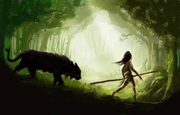 Picture forest, light, animal, Girl, spear