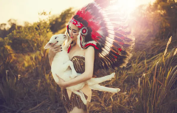 Picture summer, girl, nature, face, feathers, sheep, headdress, lamb