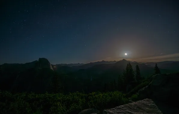 Landscape, mountains, night, the moon, Yosemite National Park, Glacier Point